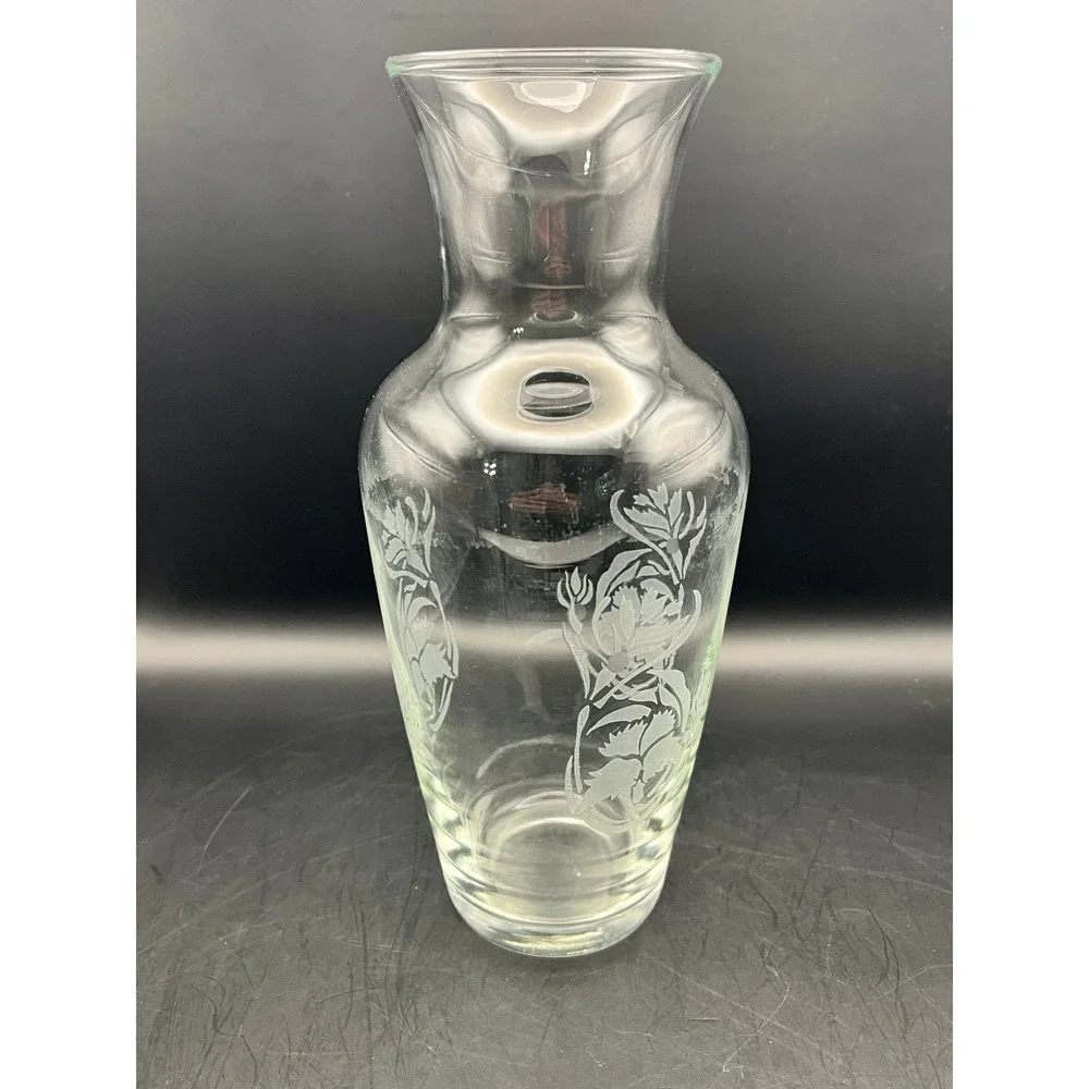Clear Glass Flower Vase with Etched Floral Design Elegant Home Decor Vtg 9